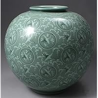 MellowBreez 12'' Korean Celadon Porcelain Vase (Large) - Crane and Cloud Inlaid Design - Round Ceramic Vase for Flowers - Asian China Artwork for Traditional & Antique Home Decoration