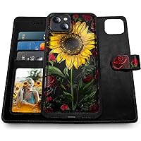 Shields Up Designed for iPhone 14 Plus Wallet Case, Detachable Magnetic Case Wallet with Card Holder & Strap for Girls/Women, Vegan Leather Cover for iPhone 14 Plus 6.7 inch -Rose Flower/Sunflower