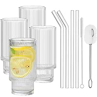 ALINK Ribbed Glassware Drinking Glasses with Straws Set of 4, Vintage Fluted Glassware Iced Coffee Cups, Origami Style Ridged Glass Tumbler for Coocktail, Whiskey, Beer, Water- 2 Brush