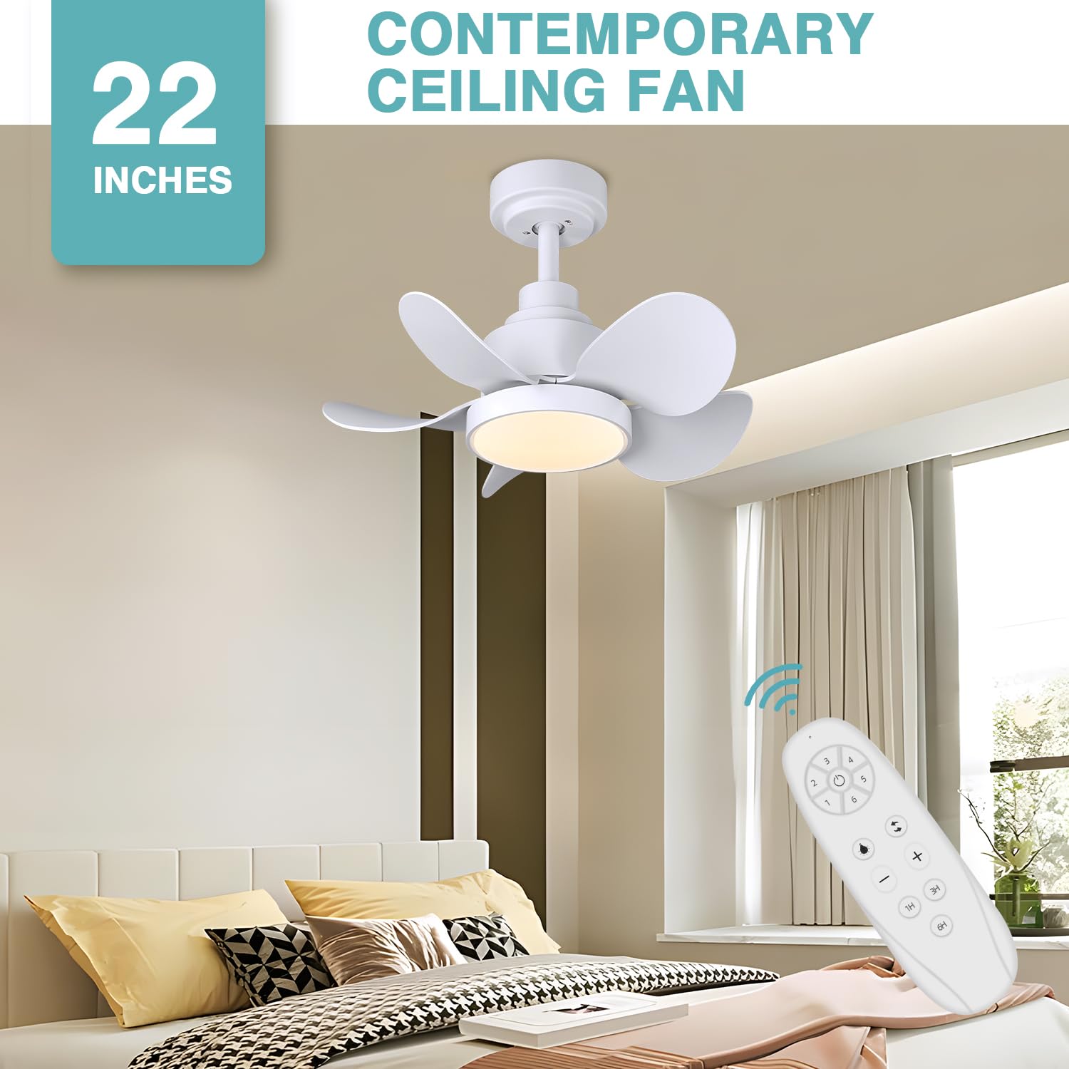 CJOY 22 inch Ceiling Fan with Lights, Small White Fan with Remote, LED Light, DC Quiet Motor, 5 Reversible Blades Ceiling Fans for Bedroom/Living Room/Small Space