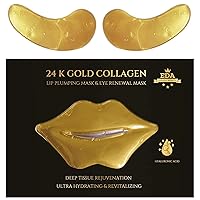 24K Pure Gold Anti Aging Collagen Hyaluronic Acid Under Eye Patches & Lip Mask Set, Facial Mask for Deep Repair, Moisturizing, Anti Wrinkle Corrector For Fine Lines & Smile Lines - Anti Aging Treatment, Nourishing Hydrating Lips and Eyes, 100% Vegan, Cruelty Free
