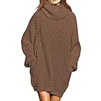 Pink Queen Women's High Neck Sweater Dresses Oversized Loose Tunic Baggy Knit Mini Dress Chestnut M