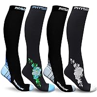 Physix Gear Sport 4 Pairs of Compression Socks for Men & Women in (Black/Blue + Black/Grey + Black/Grey Flowers + Black/Blue Flowers) S-M Size