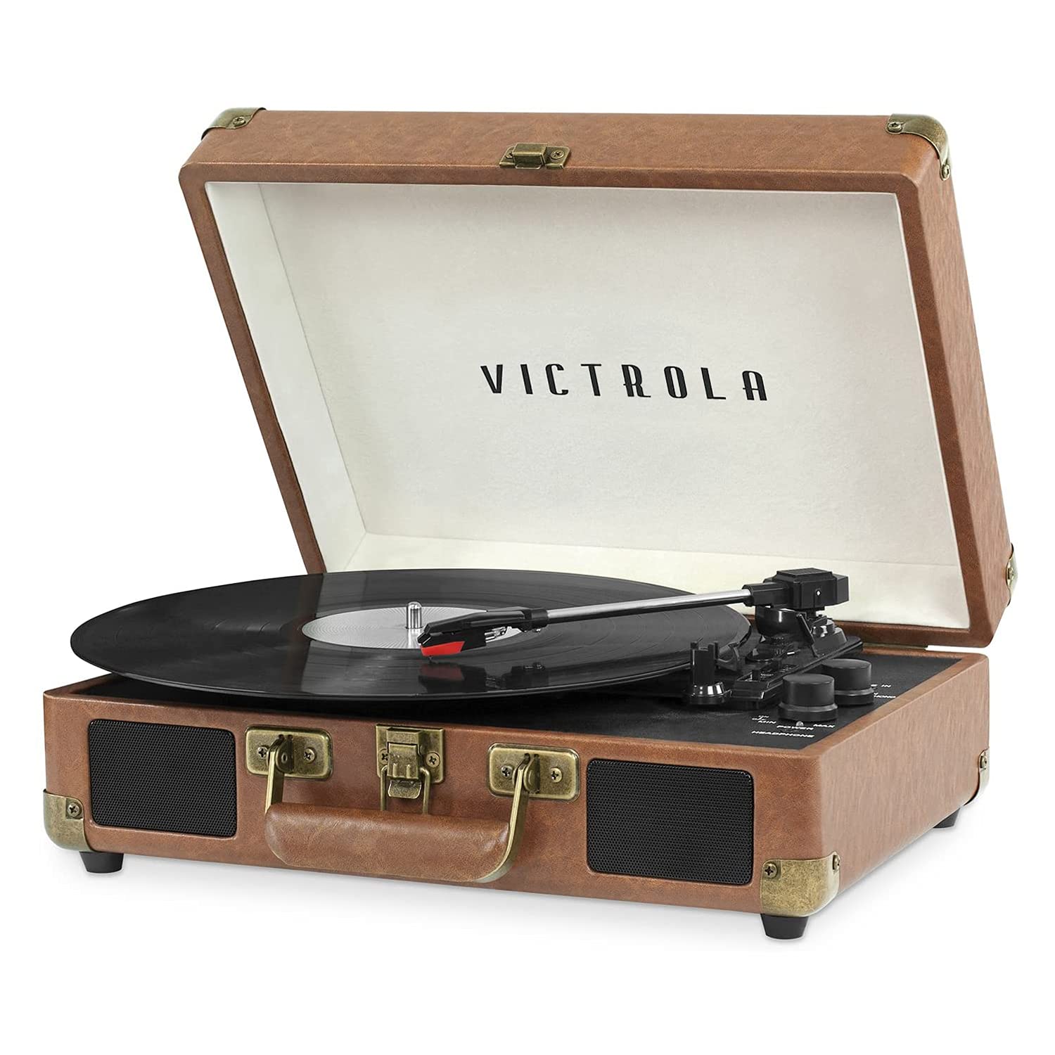 Victrola Vintage 3-Speed Bluetooth Portable Suitcase Record Player with Built-in Speakers | Upgraded Turntable Audio Sound| Includes Extra Stylus | Brown