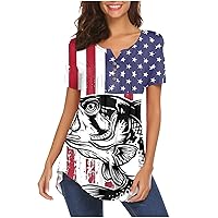 Women's Tunic Tops to Wear with Leggings 4th of July American Flag Shirts Short Sleeve Button Up Henley Blouses