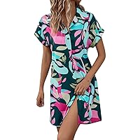 Women's Spring Dresses 2024 Fashion Loose Color Printed Blouse Button Short-Sleeved Blouse Dress, S-2XL