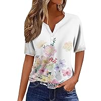 Blouses for Women Dressy Casual 2024 Summer Spring Short Sleeve V Neck Loose Tunic Tops Printed Button T Shirts
