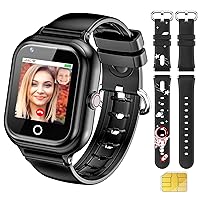 Smart Watch for Kids with SIM Card, 4G Kids GPS Tracker Watch, IP67 Waterproof 2 Way Call Video & Voice Chat SOS Pedometer, Kids Cell Phone Watch Christmas Birthday Gifts for 3-15 Boys Girls（80-Black