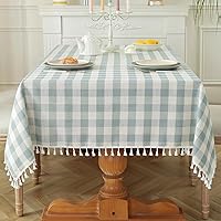 Laolitou Checkered Tablecloth Rectangle Washable Buffalo Plaid Table Cloth with Tassel Cotton Linen Gingham Table Cover for Picnic Kitchen Dining Room, Blue, 120 Inch