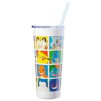 Silver Buffalo Pokemon Character Grid Double Walled Stainless Steel Tumbler with Straw, 22 Ounces