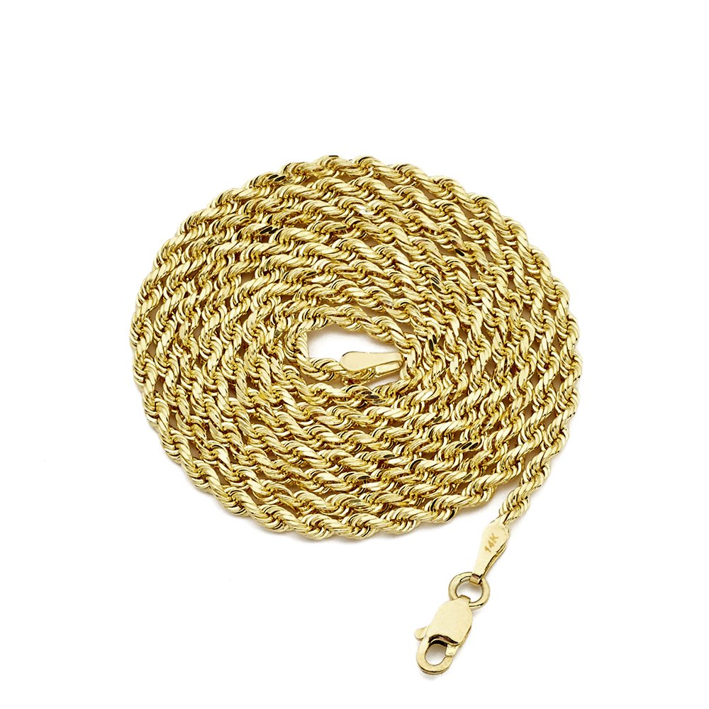 14K Yellow Gold 2.5mm Solid Diamond Cut Rope Chain Necklace with Lobster Lock