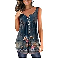 Women Ethnic Retro Floral Henley Babysoll Tunic Tank Tops Summer Hide Belly Fashion Casual Flowy Sleeveless T-Shirts