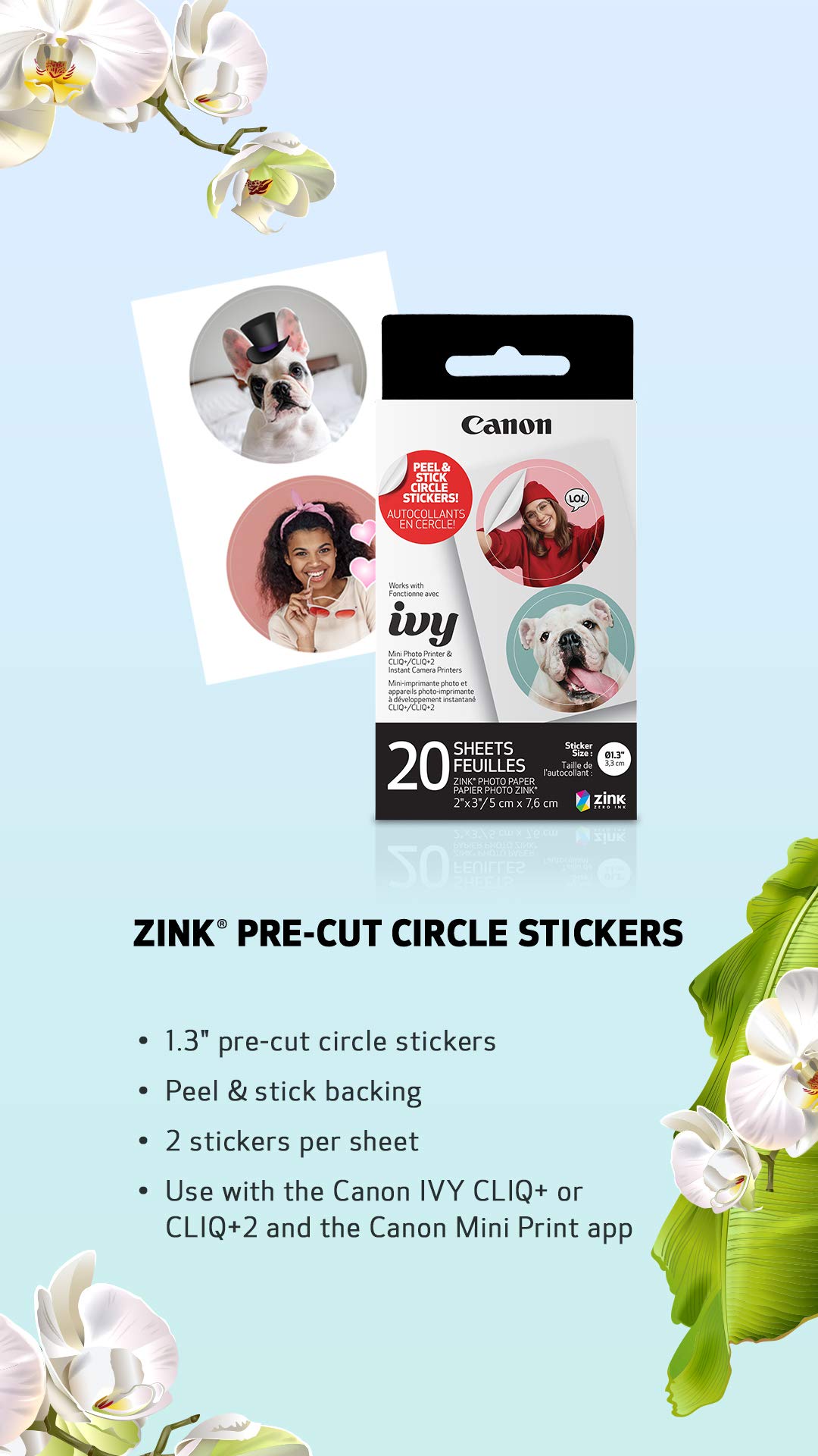 Canon IVY ZINK Pre-Cut Circle Sticker Paper, 20 Sheets
