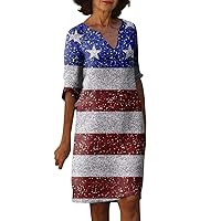 4th of July Dress Women V Neck Short Sleeve Shift Casual Summer Dresses for Women American Flag Vacation Beach Dress