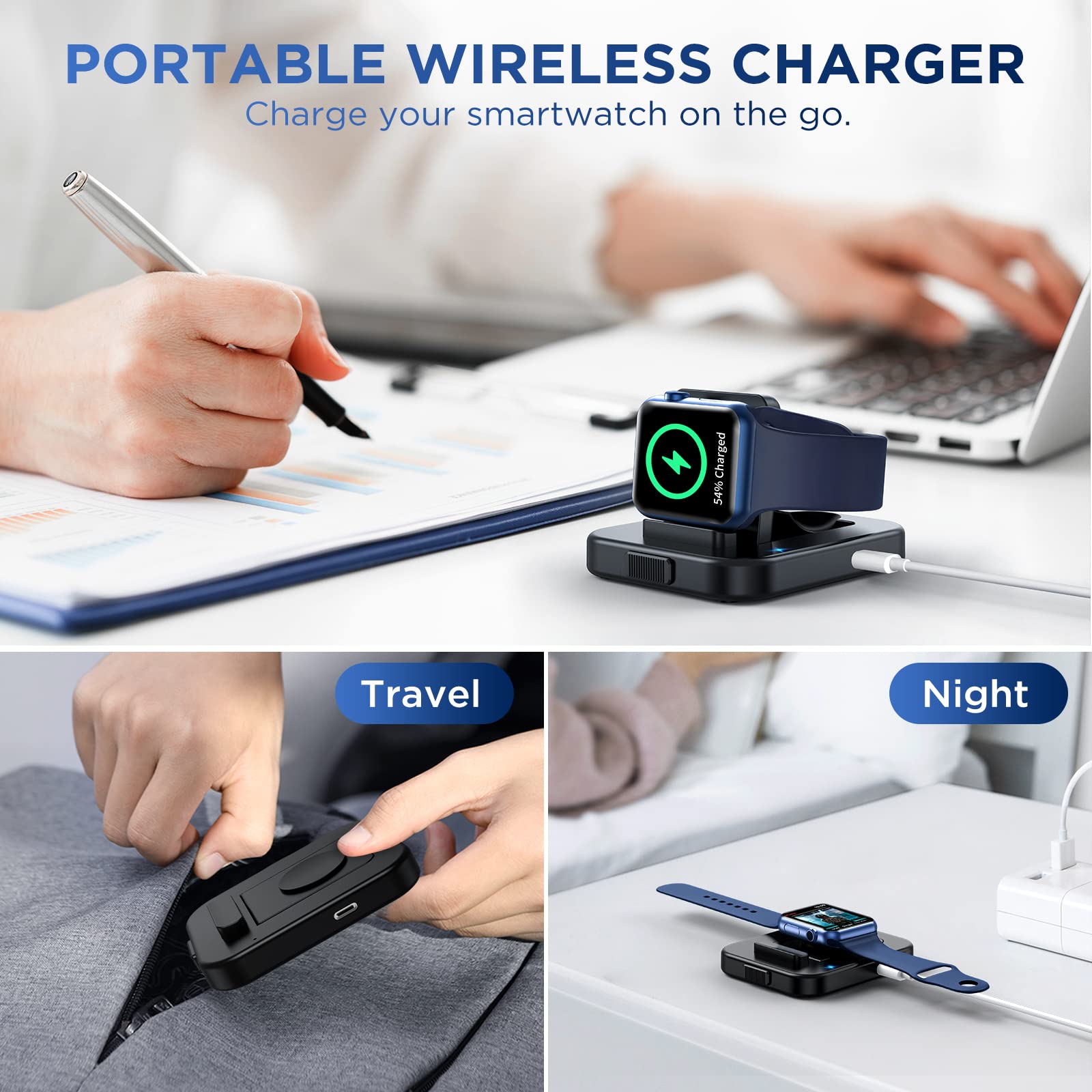 Portable Watch Charger Stand - Wireless Magnetic Charging Station with Charging Cable,Compatible with iWatch Series SE 8 7 6 5 4 3 2(38/40/42/44mm)-Black