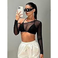 Women's Tops Asymmetrical Neck 2 in 1 Crop Mesh Top Sexy Tops for Women