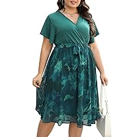 Nemidor Womens Casual Plus Size Ruffle Sleeve Boho Chiffon Print Belted Flowy Wrap Dress NEM529