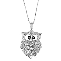 Mother's Day Gift For Her 1/6 CTTW Sterling Silver Black & White Diamond Owl Pendant Necklace