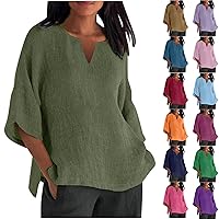 Plus Size Tops for Women 2024 Spring Summer Casual Loose Fit Cotton Linen Shirts Split Neck 3/4 Sleeve Solid Blouses