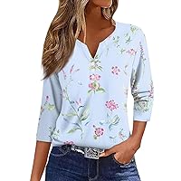Women's Summer 3/4 Sleeve Tops 2024 Henley Neck Tee Cute Floral Print Shirts Casual Button Down V-Neck Blouses