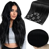 Full Shine Jet Black Hair Extensions Clip in Remy Human Hair 120 Grams Long Straight Real Human Hair Clip in Extensions Full Head Set for Black People 7 Pieces 24 Inch