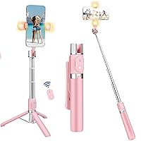 Selfie Stick with Rugged Tripod,MQOUNY Extendable 41 Inch Aluminum Alloy Phone Tripod with Detachable Wireless Rechargeable Remote and Ring Light,360 Rotation Phone Holder for Smartphone (Rose-Pink)