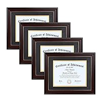 8.5 x 11 Diploma Frame Set of 4 Classic Mahogany with Black and Gold Double Mat or Displays Document&Certificate 11x14-inch Without Mat,Wide Molding, Gold Beads Hanging Hardware Included,