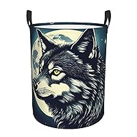 Wolf Night Moon Round waterproof laundry basket,foldable storage basket,laundry Hampers with handle,suitable toy storage