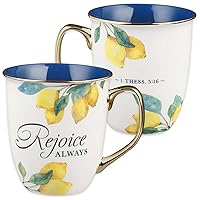 Christian Art Gifts Large Ceramic Inspirational Scripture Coffee & Tea Mug for Women: Rejoice Always Encouraging Bible Verse, Yellow Lemon, Cute Gold Novelty Drinkware Cup, Navy Blue & White, 14 oz.