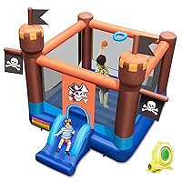 Inflatable Bounce House, 3-1 Multifunctional Bouncy Jumping House, Kids Pirate Castle Theme Jumping Castle with Blower, Slide, Basketball Hoop, 3-Side Protection Mesh, Designed for Ages 3-10