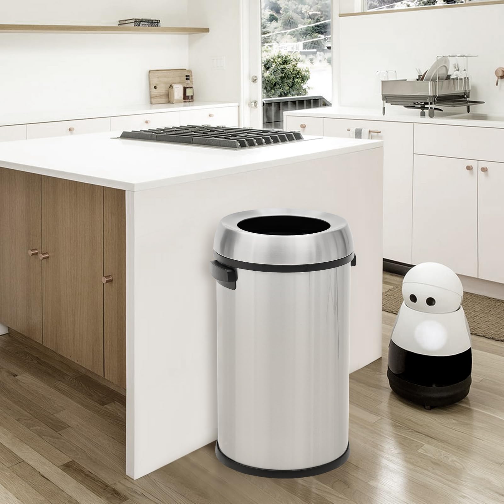 GlowSol 17 Gallon Large Capacity Kitchen Trash Can, Commercial Open Trash Can, Heavy Duty Brushed Stainless Steel Garbage Can, 65 Liter, Suitable for Kitchen Outdoor Office