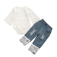 Douhoow Kids Baby Girl Clothes Autumn Outfit Sets Lace Flowers Long Sleeve Romper Tops Blue Denim Pants 2pcs