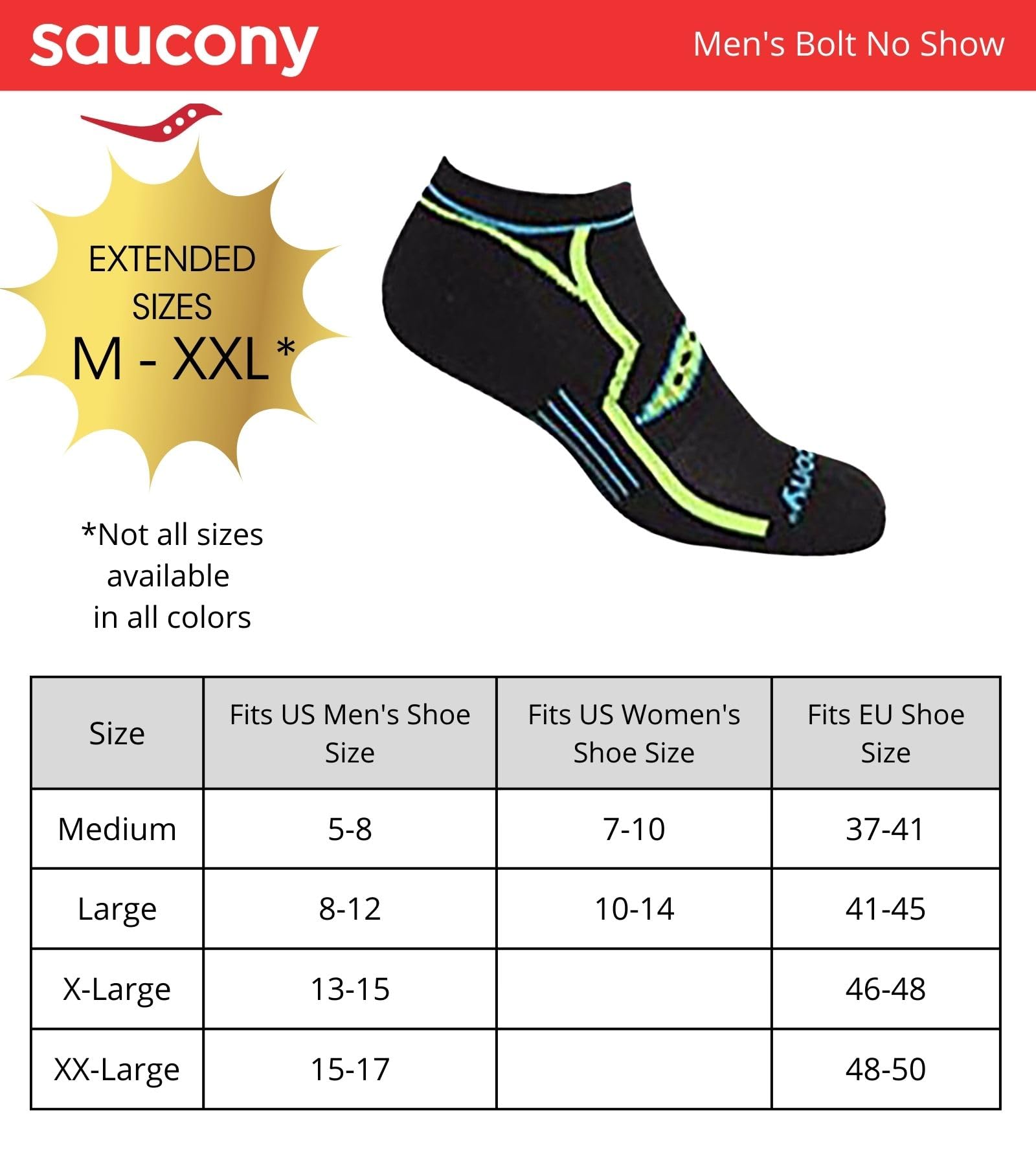 Saucony Men's Multi-pack Bolt Performance Comfort Fit No-Show Socks