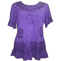 Agan Traders Medieval Vintage Boho Round Neck Embroidered Tops for Women - Casual Back Tie Short Sleeve Women's Blouses