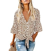 Kancystore Womens Button Down V Neck Tie Knot Front Tops 3/4 Sleeve Chiffon Casual Blouse Shirts