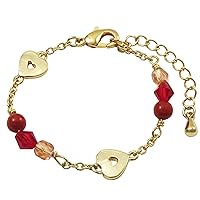 Gold Finish Red and Pink Crystal Beads with Open Hearts Bracelet, 4