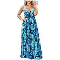 Women's Bohemian Dress Foral Print Hawai Sleeveless Long Floor Maxi Swing Round Neck Trendy Beach Flowy Casual Summer