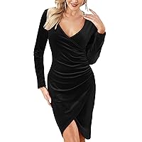 Aphratti Women's Spring Velvet Wrap V Neck Long Sleeve Split Ruched Bodycon Cocktail Party Dress for Wedding Guest 2024