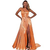 Sparkly Metallic Prom Dresses Satin - Spaghetti Straps Long Formal Evening Party Gown