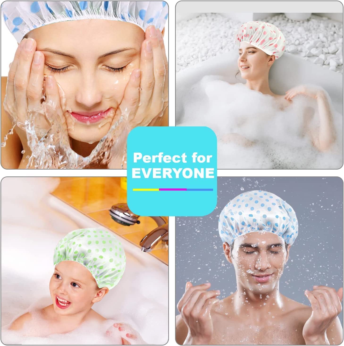 MZD8391 Shower Cap, Reusable Shower Hat Bath Caps - Waterproof with Elastic Band Hair Hat for Men Women Ladies Spa Salon (Coloful Dotted) (3 Packs)