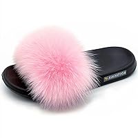 Real Fox Fur Slides for Women Open Toe Cute Furry Fur Slippers Indoor or Outdoor faux Fur Slide Sandals with Fluffy Fur and Soft Sole