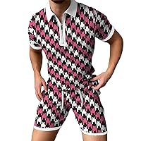Mens Casual Lounge Sets Houndstooth Printed Turn Down Collar Golf Polos and Athletic Shorts Holiday Outfit Jersey Sets