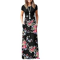AUSELILY Women Short Sleeve Loose Plain Casual Long Maxi Dresses with Pockets