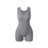 OQQ Women Rompers Ribbed V Neck Sleeveless Stretch Tummy Control Yoga Workout Rompers