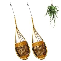 Orchid Hanging Planter, 2pcs 35cm/13.78inch Thai Bamboo Woven Orchid Hanging Basket with Metal Hook, Bird Nest Style Multi-Purpose Plant Hangers for Indoor Outdoor Flower