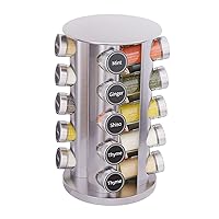 New England Stories Revolving Spice Rack Set with 20 Spice Jars, Kitchen Spice Tower Organizer for Countertop or Cabinet - Carousel Storage Includes 386 Spice Labels (Silver)