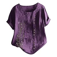 Womens Plus Size Linen Tops Summer Casual Button Blouse Floral Print Short Sleeve T-Shirts Pullover Tees Shirts Tunics