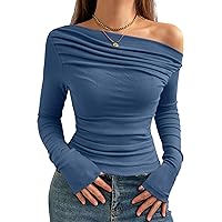 Women Sexy Off Shoulder Top Slim Fit Long Sleeve Going Out Asymmetrical Crop Top Y2K Tight Ruched T Shirts