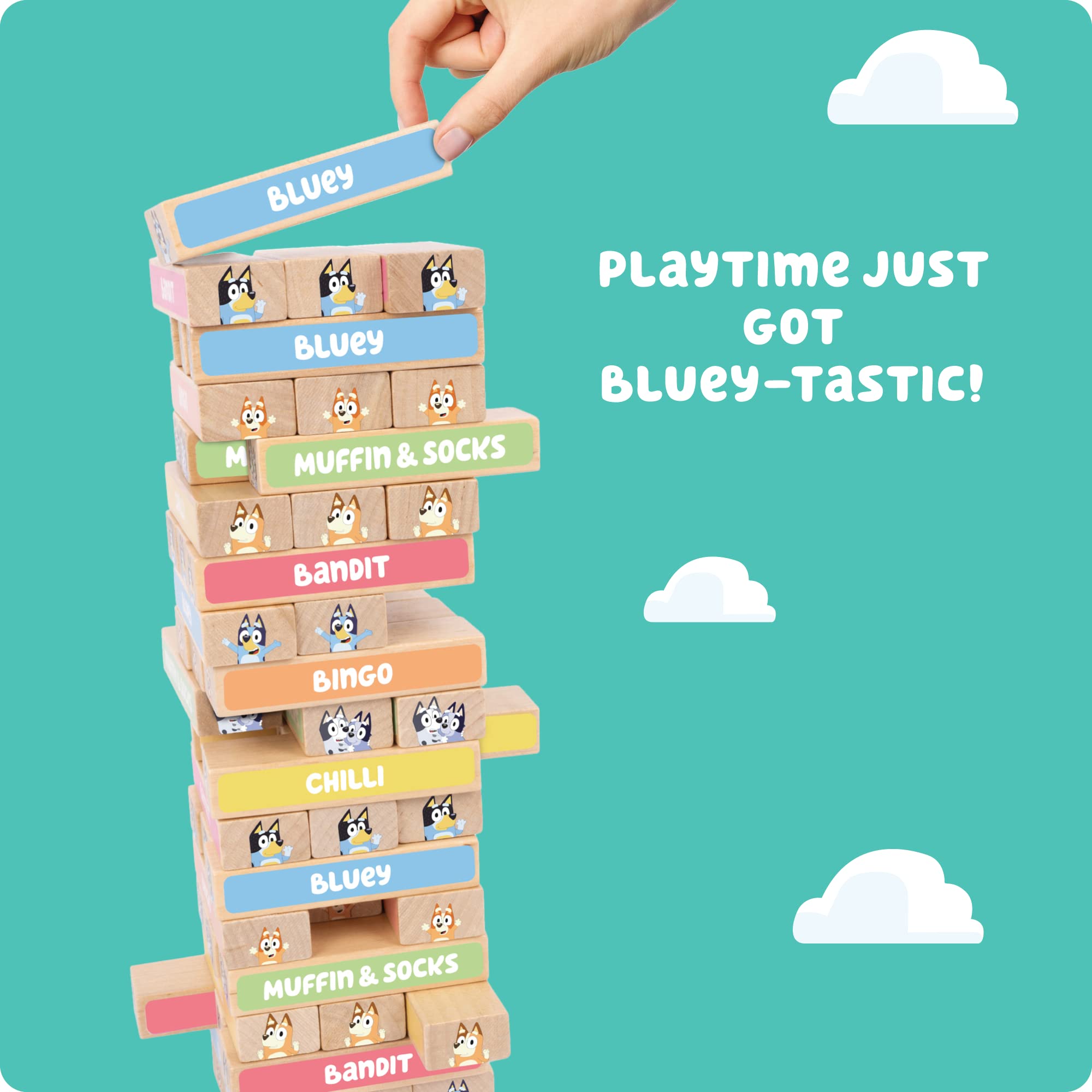 Bluey Tumbling Tower, 54 Colourful Wooden Blocks, Fun Family Game for Hand-Eye Coordination and Motor Skills – FSC Certified for Children 3 Years and Up
