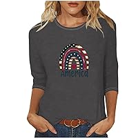 Womens 3/4 Sleeve Tops 4th of July Shirts for Women Patriotic Independence Day Shirt Three Quarter Length Sleeve T Shirts